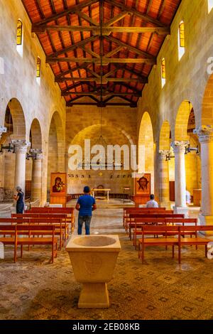 TABGHA, ISRAEL, SEPTEMBER 15, 2018: Interior of the Church of the multiplication of the loaves and fishes in Tabgha, Israel Stock Photo