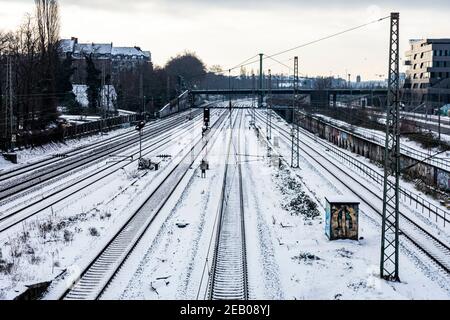 Snow-covered tracks cause disruptions in rail traffic Stock Photo