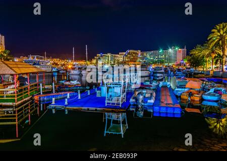 EILAT, ISRAEL, DECEMBER 30, 2018: Night view of marina in Eilat, Israel Stock Photo