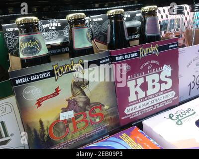 Six-packs of Founders brand flavored beer is seen amongst other beers in a supermarket cooler in New York on Tuesday, January 26, 2021.  (© Richard B. Levine) Stock Photo