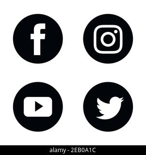 Set of popular social media icons. Instagram, Facebook, Twitter and Youtube icons. Stock Vector