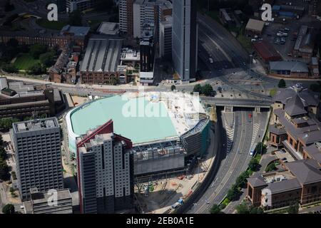 Aerial views of The First Direct Arena (also known as the Leeds Arena)  under construction, Leeds, West Yorkshire Stock Photo