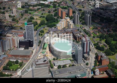 Aerial views of The First Direct Arena (also known as the Leeds Arena)  under construction, Leeds, West Yorkshire Stock Photo