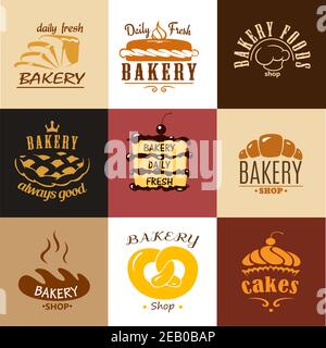 Creative bakery logos and banners with cakes, chef toque, croissant, pretzel, bread cupcakes and pies Stock Vector