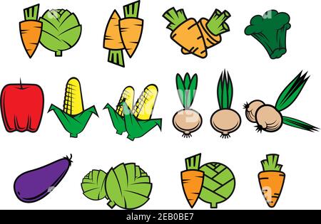 Flat icons of fresh vegetables isolated on white background for fresh food and agriculture design Stock Vector