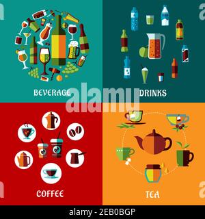 Drinks and beverages flat compositions for cafe, restaurants and menu design with alcohol, juice, coffee and tea icons Stock Vector
