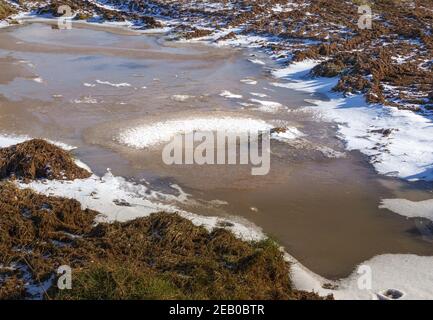 snow covered frozen puddle with patterns from the strong winds as the ice formed Stock Photo