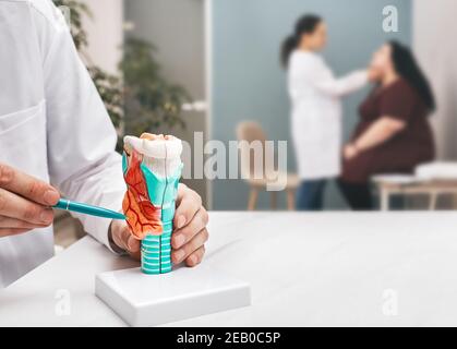 Diagnostics of thyroid diseases, hypothyroidism. Endocrinologist palpation of fat woman's neck, doctor consultation Stock Photo