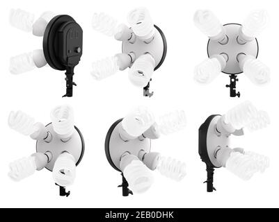 4 lightbulbs in lamp holder on studio stand isolated on white background Stock Photo