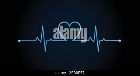 Heart beat neon vector illustration. Blue glowing neon heart pulse illustration. Stock Vector