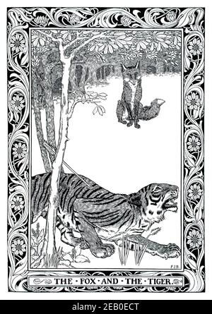 Aesops fables, the Fox and the Tiger, illustration by Percy James Billinghurst in 1898 The Studio an Illustrated Magazine of Fine and Applied Art Stock Photo