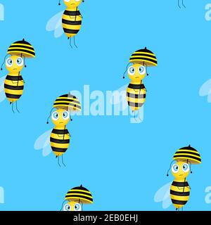 Seamless pattern with bees on blue background. Small wasp with umbrella. Flat vector illustration. Adorable cartoon character. Template design for Stock Vector