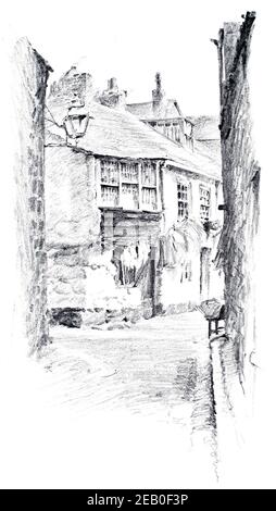 Pencil sketch of washing drying in narrow street of St Ives Cornwall in 1890s, by Robert Morton Nance  in 1898 The Studio an Illustrated Magazine of F Stock Photo