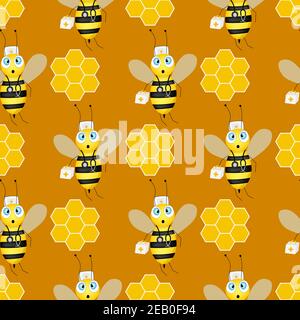 Seamless pattern with bees and honeycombs on brown background. Small wasp. Vector illustration. Adorable cartoon character. Design for invitation Stock Vector