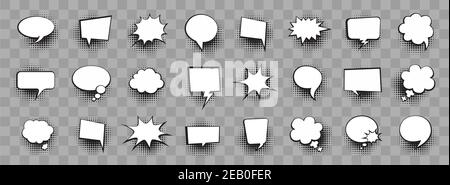 Retro comic bubbles set with halftone shadows on white background. Vector illustration, vintage design. Stock Vector