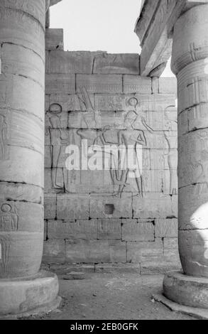 Mortuary Temple of Ramesses II (The Ramesseum) in Theban Necropolis near Luxor, Upper Nile, Egypt. Relief in the Great Hypostyle - Ramesses II with gods Amon, Khonsu and Sakhmet.  Archival scan from a slide. February 1987.