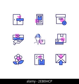 Delivery - modern line design style icons set with color accents. Courier services and online shopping idea. Mobile app, parcel, food ordering, delive Stock Vector