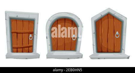 Set wood doors with stone decoration, arch in cartoon style isolated on white background. Fairy, mystery closed entrance, mediaeval element assets for Stock Vector