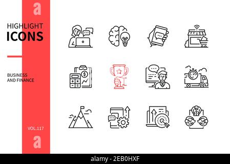 Business and finance - line design style icons set. Teamwork and goal achievement idea. Consulting, creative process, contact, online shop, accounting Stock Vector