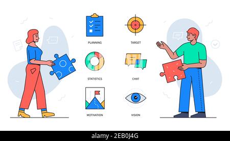 Business solutions - colorful flat design style poster with thematic linear icons. Infographics with a man and woman collecting puzzle pieces. Plannin Stock Vector