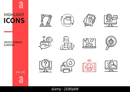 Device service and repair - modern line design style icons set. IT support, diagnostics and gadgets maintenance idea. Operating system installation, d Stock Vector