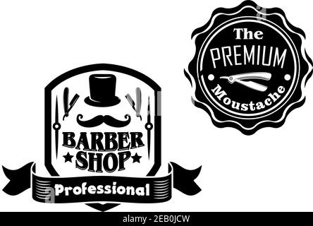 Set of vintage black and white emblems, logo, or labels with curled mustache, stovepipe hat, razors and ribbon banner enclosed in shield and seal fram Stock Vector