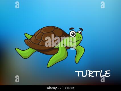 Swimming sea turtle cartoon personage on blue background with text - turtle Stock Vector
