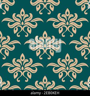 Abstract seamless pattern in square format with stylized bronze tulips bouquets on viridian background for wallpaper or fabric design Stock Vector