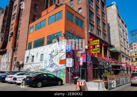 Historic commercial buildings on Tyler Street at Beach Street in Chinatown in downtown Boston, Massachusetts MA, USA. Stock Photo