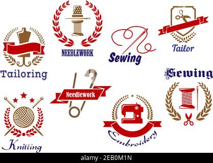 Retro icons set of needlework emblems, logo, badges with symbols for tailoring, sewing, knitting, needlework and embroidery isolated on white backgrou Stock Vector