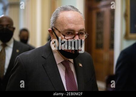 Washington, United States. 11th Feb, 2021. Senate Majority Leader Chuck Schumer arrives at the Capitol in Washington, DC on Thursday, February 11, 2021. Arguments will be presented in the impeachment trial of former President Donald Trump today. Pool Photo by Graeme Jennings/UPI Credit: UPI/Alamy Live News Stock Photo
