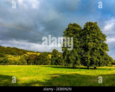 Landscape with trees and stormy sky with rainbow in summer at Cromford Meadows in the Derwent Valley Derbyshire Dales Peak District England UK Stock Photo