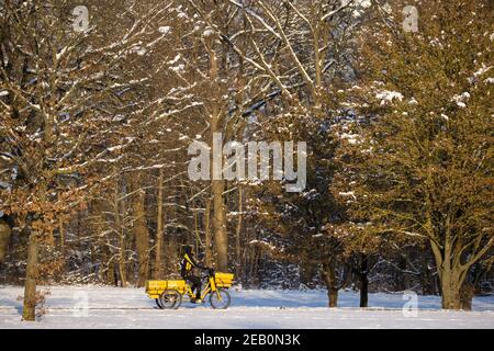 11 February 2021, Bavaria, Nuremberg: A mail boat rides a bike through the snow-covered city area. Photo: Daniel Karmann/dpa Stock Photo