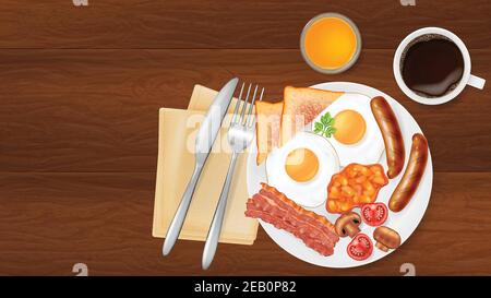 Traditional english breakfast on a plate, top view. Vector illustration. Stock Vector