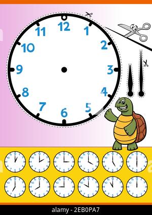 Cartoon illustrations of clock face telling time educational worksheet for kids Stock Vector