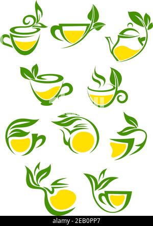 Set of stylised icons of green branch with leafs as cup with herbal or green tea with lemon for tea shop and cafe menu design Stock Vector