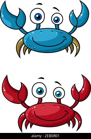 Red and blue funny smiling cartoon crabs characters with raised claws isolated on white background Stock Vector