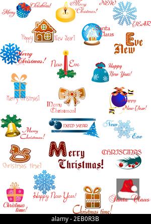 Large icon set of traditional Christmas and New Year element design with christmas tree, balls, gift boxes, gingerbreads, candles and greeting text is Stock Vector