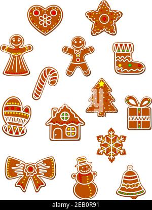 Christmas and New Year collection of cute gingerbread men, bow, gift box and sock, star and candy decorated colored sugar glaze for holiday decoration Stock Vector