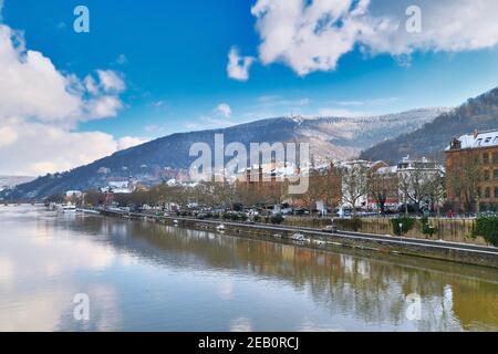 Heidelberg, Germany - February 2021: View on Odenwald forest hill with historical castle and neckar river. Stock Photo
