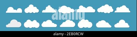 White clouds flat design set on blue background. Vector Stock Vector
