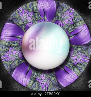 3D render of colorful plastic fractal flower disc embossed on leather with glossy button Stock Photo