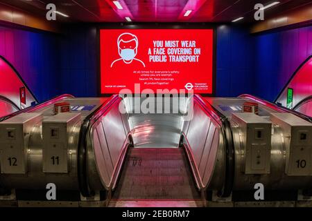 London, UK. 11th Feb, 2021. Information signs at Charing Cross station - The underground is still fairly busy despite the new national Lockdown, Stay at Home, instructions. Most travellers wear masks as they are already mandatory. Credit: Guy Bell/Alamy Live News Stock Photo