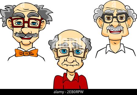 Portraits of joyful bald mustached cartoon old men with glasses and bow tie isolated on white background Stock Vector