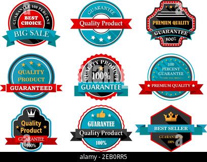 Collection of quality guarantee and 100 quality product labels, stickers or badges in retro style with ribbon banners and stars in frames as a round s Stock Vector