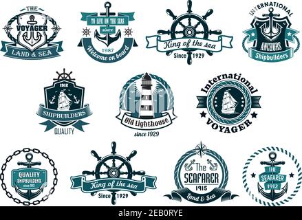 Large retro set of dark blue marine labels, logo and emblems with anchors, wheels, sailboats, lighthouse, ribbon banners, ropes, chains and stars Stock Vector
