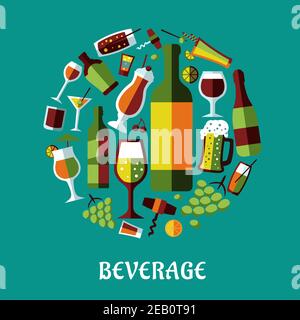 Flat design poster in retro style of beverages, fruits, glasses and corkscrews in a circle on turquoise background for cafe and restaurant menu design Stock Vector