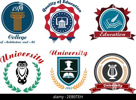 University and college emblem or logo in retro style with symbols of education owl, books, feather, graduation cap ordered in shield and circle frames Stock Vector