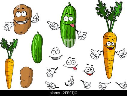 Funny colorful cartoon cucumber, carrot and potato with different facial expressions and hand gestures and second separated variant of faces and veget Stock Vector