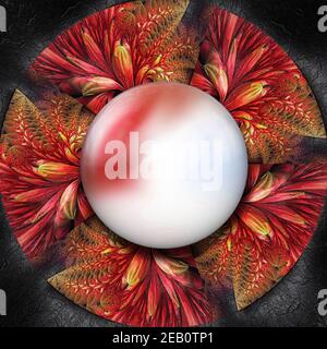 3D render of colorful plastic fractal flower disc embossed on leather with glossy button Stock Photo